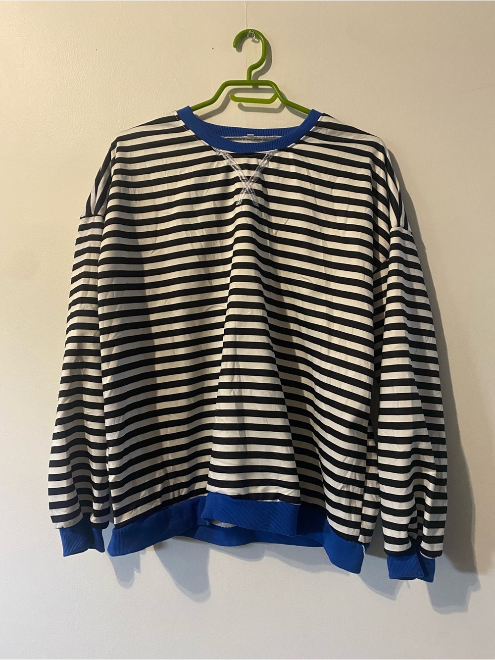 Striped Black & White Crewneck Sweater with Blue Trim